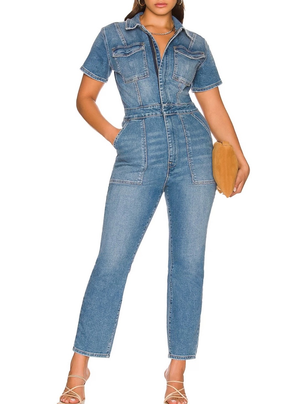 Good American Fit for Success Blue Denim Short-Sleeve Jumpsuit Overalls size 0